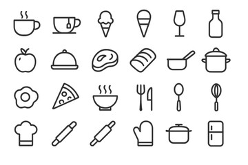 Food cooking kitchen line icon set. Vector restaurant menu symbols. Editable stroke outline pictogram collection for web design. Gastronomy, meal, drink, dessert elements.