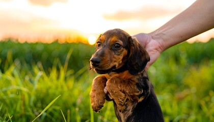 Sunset pup held gently in hand