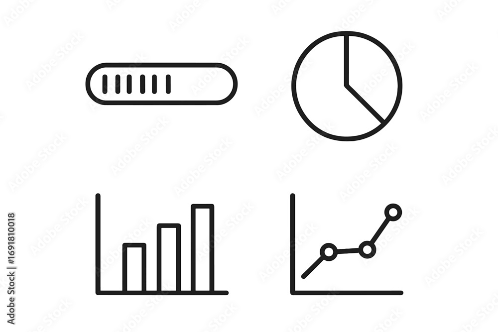 Poster data visualization line icon set. progress bar, pie chart, bar graph, and statistics diagram. simple