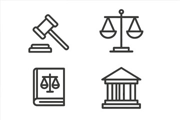 Minimalist legal icons set with gavel, scales of justice, law book, and courthouse vector illustration, clean cartoon style, transparent background, organized judicial symbols collection