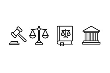 Minimalist legal icons set with gavel, balanced scales, law book, and courthouse symbols for justice, law firm, legal advice, and court concepts in vector cartoon style