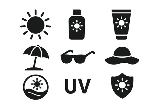 Sun protection solid glyph icon set. Summer beach vacation symbols. Sunscreen lotion, UV shield, sunglasses, hat, umbrella. Skincare concept. Sunblock cream vector icons.