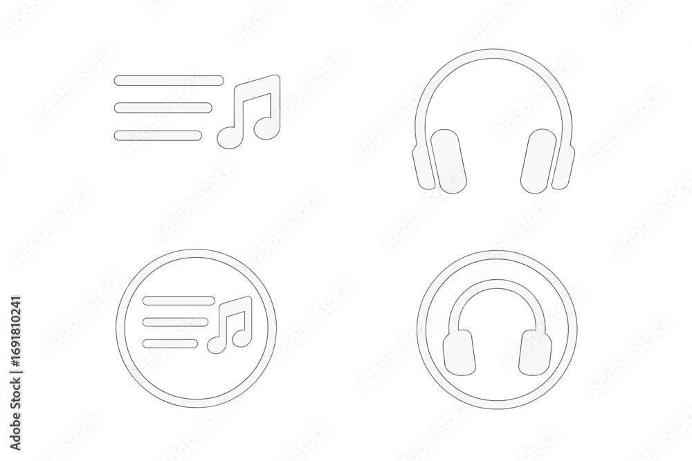 Poster minimalist music icon set with playlist and headphones symbols. simple line art for audio player int