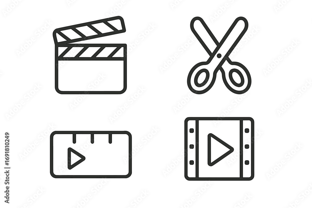Aufkleber video editing icon set in a minimalist linear style. vector graphics of clapperboard, scissors for c