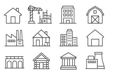 Building and construction line icon set. Real estate and architecture symbols. Home, office, factory, barn, and bank pictogram collection. Vector outline icons for web design.