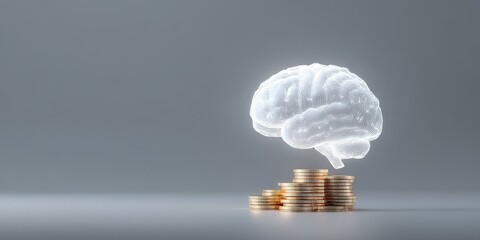 Artificial Intelligence in the Digital Economy, A brain illustration made of light above a stack of coins symbolizes financial intelligence.