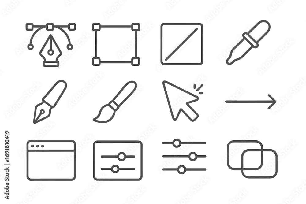 Poster graphic design tools and ui/ux interface line icon set. vector collection of minimalist outline icon