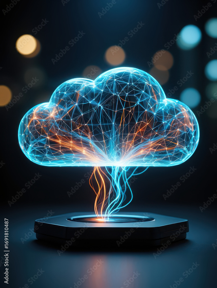 Poster glowing cloud with network connections emanating from a platform in a dark bokeh background