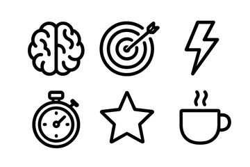Productivity icon set for business success. Brainstorming, goal setting, energy boost, time management, quality and coffee break. Vector line art illustration concept.