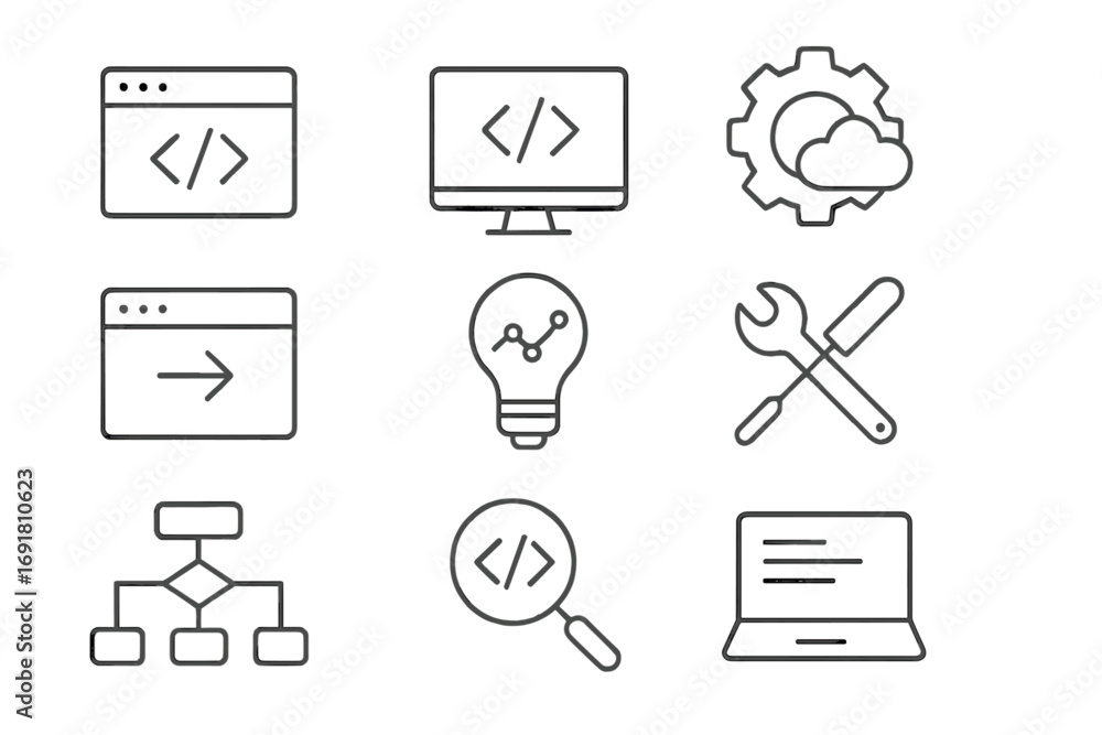 Aufkleber programming and software development line icon set. coding, web technology, and app creation symbols