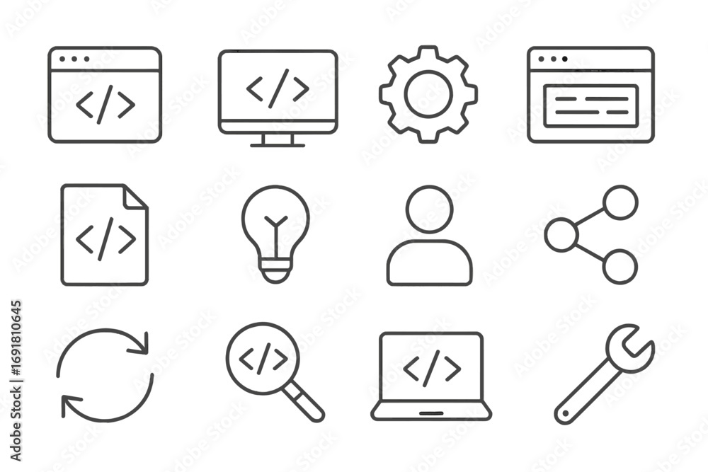 Aufkleber programming and development icons set. minimalist outline style vector illustration. web design, cod