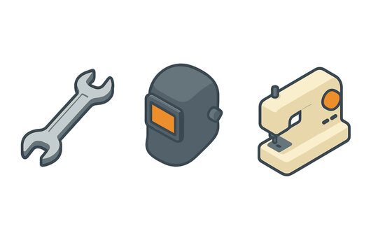 Vocational training icons set with wrench, welding mask, sewing machine, technical education symbols, isometric flat vector cartoon illustration for skills development