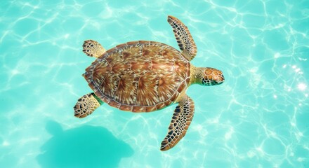 Sea Turtle Swimming in Bright Turquoise Water in Clear Ocean