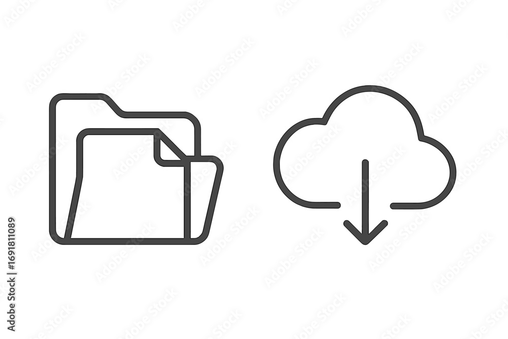 Aufkleber file management and cloud download icon set. minimalist outline symbols for data storage, transfer, 
