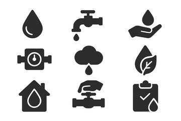 Water conservation icons set, plumbing and eco-friendly water saving symbols, black filled vector illustrations, droplet, tap, hand with water, leaf, home water meter, cloud rain, environment care