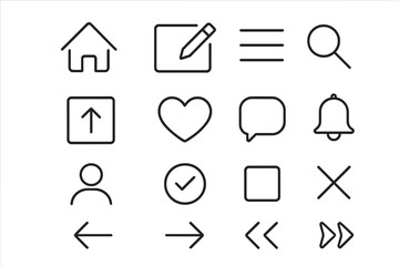 Minimal thin line icon set for web and app design. UI UX interface graphic elements. Vector symbols for navigation. Home, search, like, profile, notification and arrow icons.