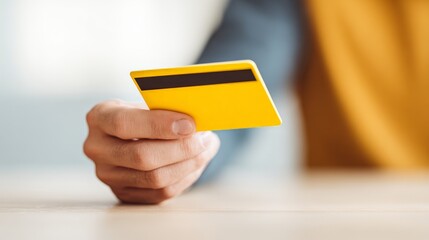 Artificial Intelligence in the Digital Economy, A hand holding a yellow credit card, indicating a transaction or payment process.