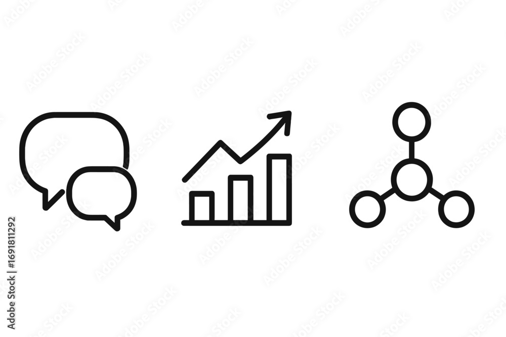 Poster business icon set for communication, data analytics, and networking. minimalist line art vector symb