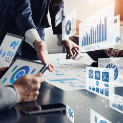 Group of business people in a meeting and business data concept - Square visual for banners and...