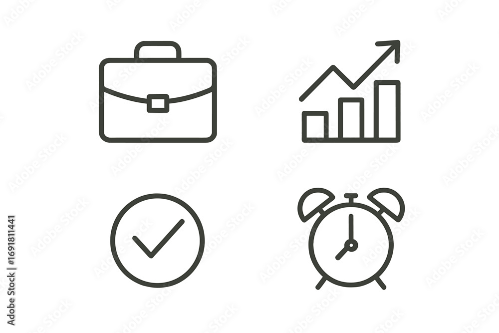 Poster business success and productivity vector icon set. minimal line symbols including briefcase, finance