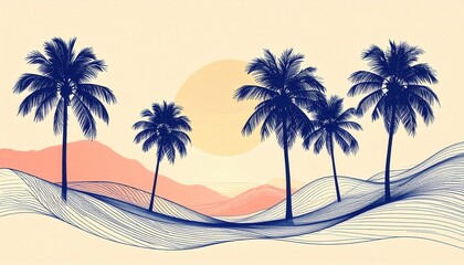 Palm Trees and Abstract Landscape with Sun