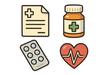 Pharmacy and medication icons set with prescription, medicine bottle, and healthcare symbols. Vector cartoon illustration of pills, tablets, cardiology heartbeat EKG and drug.