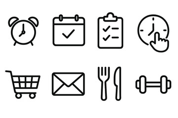 Daily routine and time management vector icon set. Minimalist line art symbols for everyday tasks like scheduling, planning, sport, food, and shopping. To-do list.