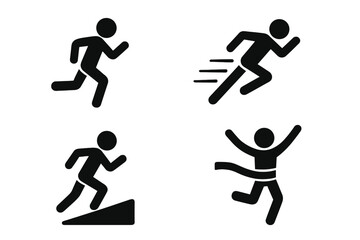 Running man icons. Runner silhouette set for sport and fitness. Sprinting fast. Uphill training. Crossing finish line winner. Athlete competition. Race symbol. Vector pictogram.