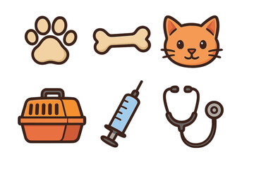 Cute pet care essentials icons set with paw print, bone, cat face, pet carrier, syringe, and stethoscope. Cartoon style vector illustration for veterinary and animal care designs