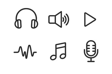 Music and audio line icons set. Minimalist symbols: headphones, speaker, play, waveform, note, microphone. Vector graphic for web, ui, ux, app design and multimedia.