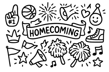 Homecoming celebration doodle set. School spirit symbols for game day, party or dance. Vector icons collection with pom poms, megaphone, basketball and foam finger.