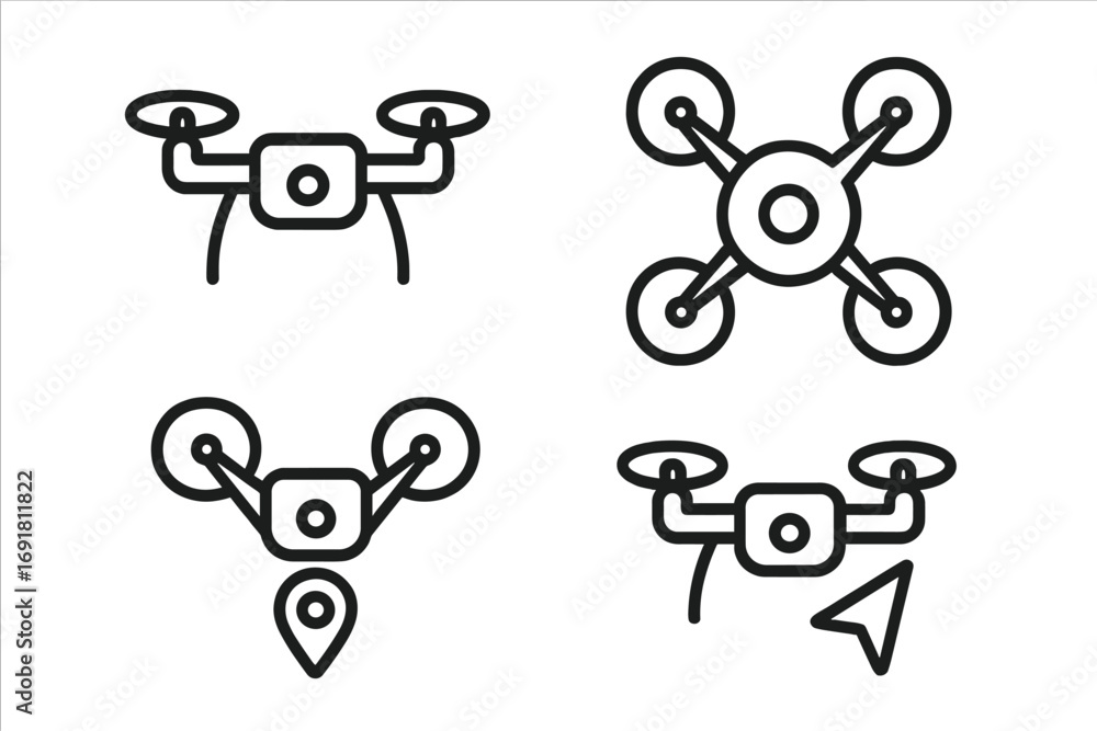 Poster drone icon set vector line art. minimalistic quadcopter symbol collection for technology & navigatio