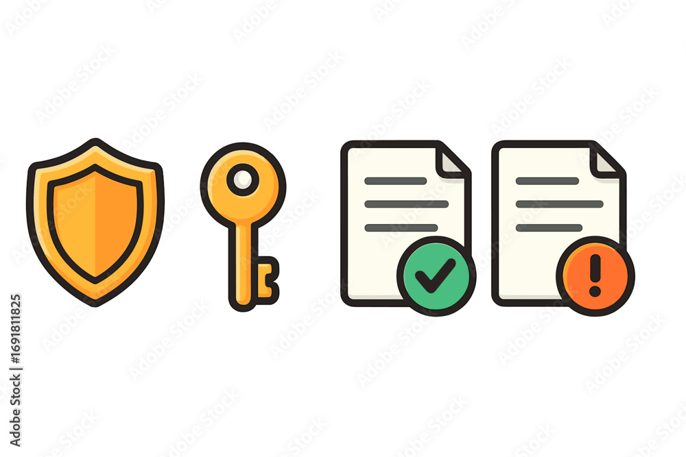 Poster security icons set with shield, key, and document verification. data protection and privacy concept.