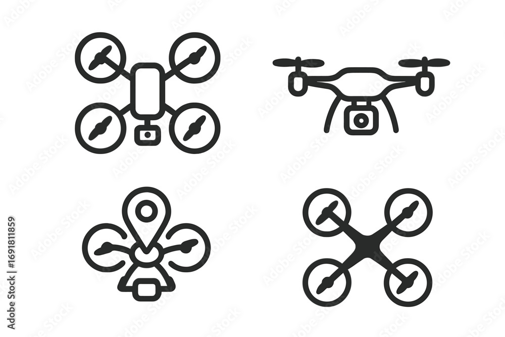 Poster drone icon set. minimal line art vector pictograms. quadcopter, uav with camera, gps navigation pin.
