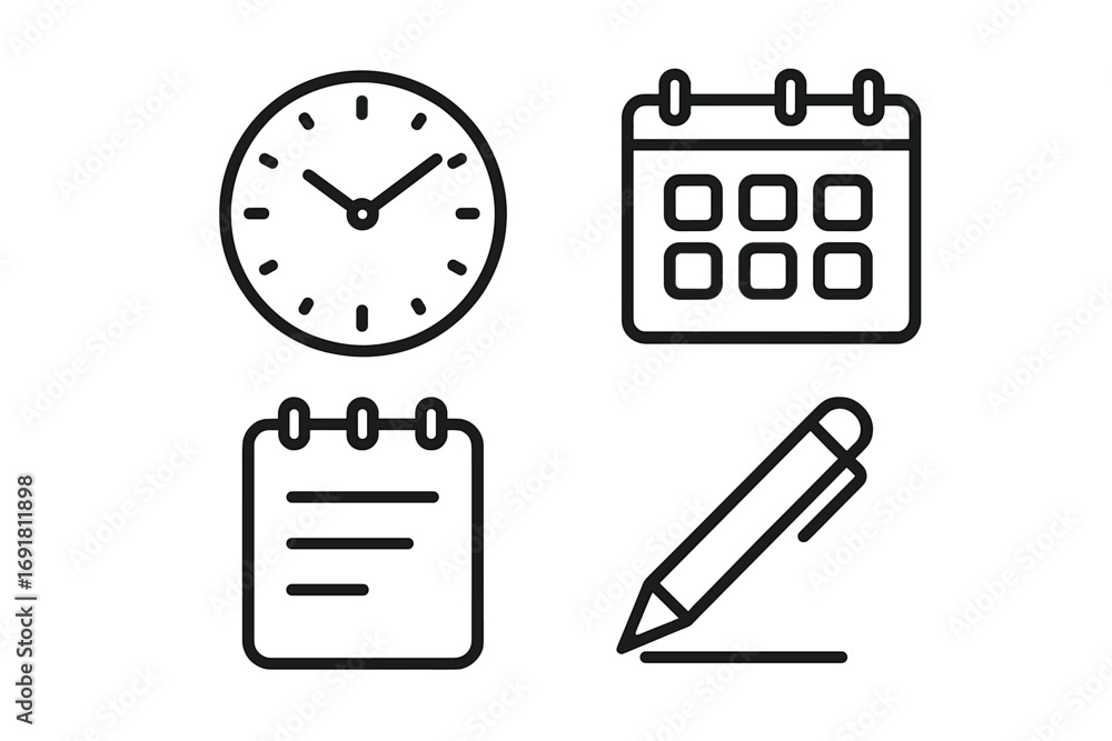 Poster time management icon set. minimalist linear icons for organization, and writing. vector essentials. 