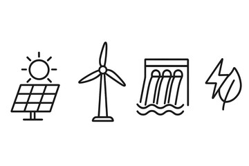 Renewable energy icons set with solar panel, wind turbine, hydroelectric dam, and green electricity symbol, linear style vector illustration with transparent background, clean design