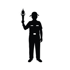 Black silhouette guard holding torch flame fire