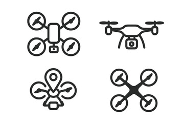 Drone icon set. Minimal line art vector pictograms. Quadcopter, UAV with camera, GPS navigation pin. Remote control aircraft for delivery, surveillance, and aerial tech.