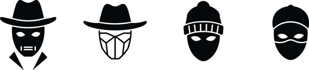 Four abstract black and white head icons with hats and masks face