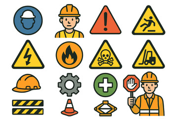 Workplace safety symbols and icons for hazard identification and management in construction sites, vector cartoon illustration including hard hats, warning signs, and safety gear