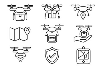 Drone delivery technology icons set in linear style, vector illustration with transparent background, includes drone with package, gift, GPS, map, and shield symbols