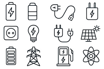 Energy line icon collection. Power and electricity symbols. Battery charge level, charging station, solar panel, renewable energy. Light bulb, plug, socket, atom, power line.