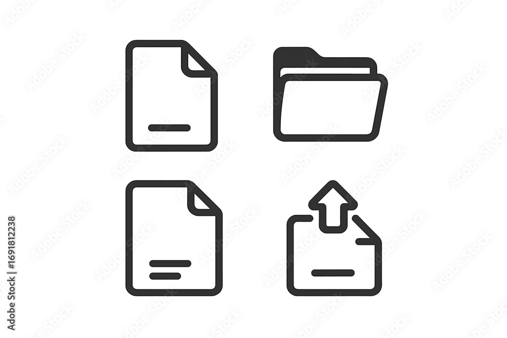 Aufkleber file management icon set for data sharing and storage. document, folder, and upload symbols. minimal