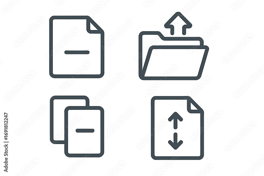 Poster file management icon set. data sharing, upload, download, and delete document symbols. minimalist li