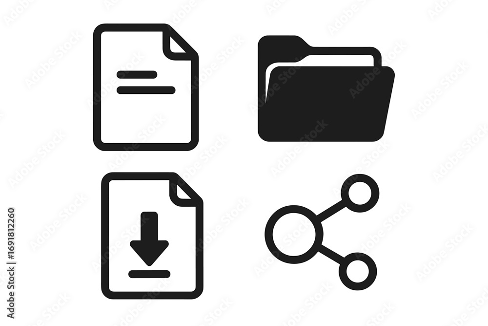Poster file management icon set vector collection. document, folder, download, and share symbols. ui/ux gly