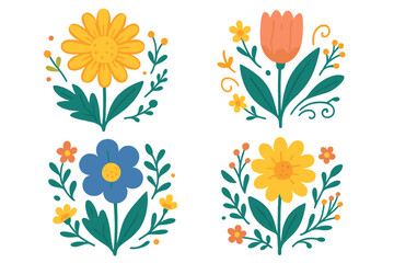 Colorful spring flower vector flat illustration with decorative leaves and petals, cartoon style floral elements perfect for greeting cards, seasonal design with transparency