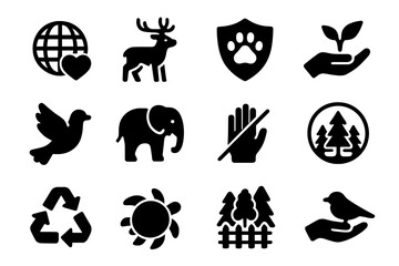 Wildlife and conservation solid icons set, filled nature and animal protection symbols vector, cartoon illustration with transparent background, environment care and ecological preservation