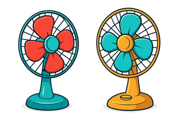 Two colorful desk fans in bright cartoon style with red and blue blades, vintage design for cooling and comfort during hot days, vector illustration with transparent background