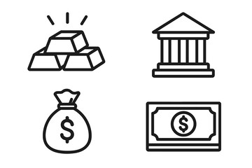 Finance and banking icon set. Thin line vector icons of gold bars, bank building, money bag and cash. Financial symbols for economy, investment, wealth, currency and savings.