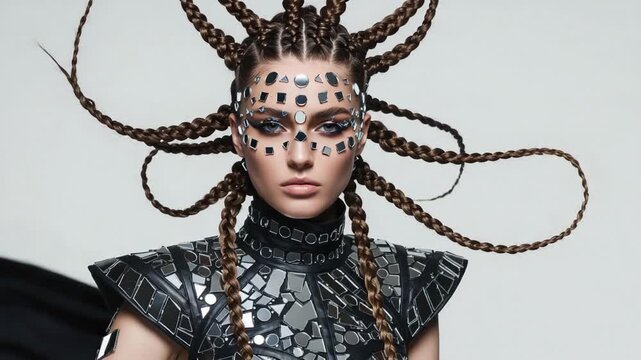 An Avant-Garde Fusion of Fashion and Art: A Model Stuns with Bold Metallic Accessories and Intricate Braids in a Stunning Futuristic Ensemble